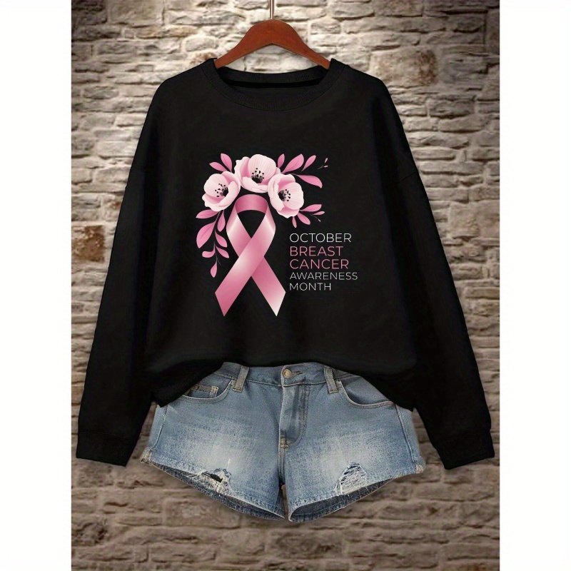 

Sweatshirt Graphique pour la Sensibilisation au Cancer du Sein - Col Rond, Mélange de Polyester Décontracté pour l'Automne & le Printemps, Mode Femme