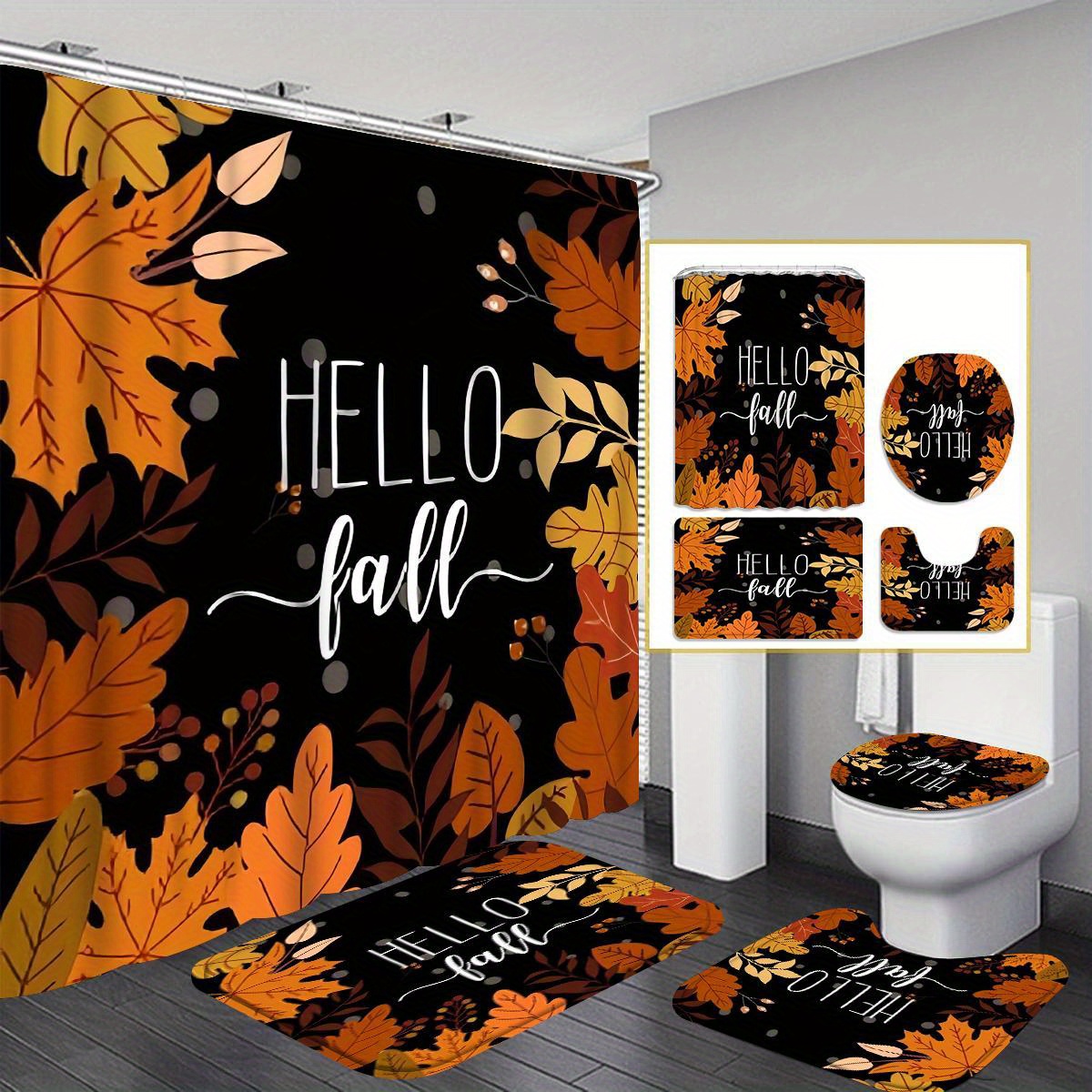 

1/4pcs , , Fall, Shower Curtain Set, Bathroom Decoration, Shower Curtain Set 12 , Bathroom Rug, U-shaped Mat,