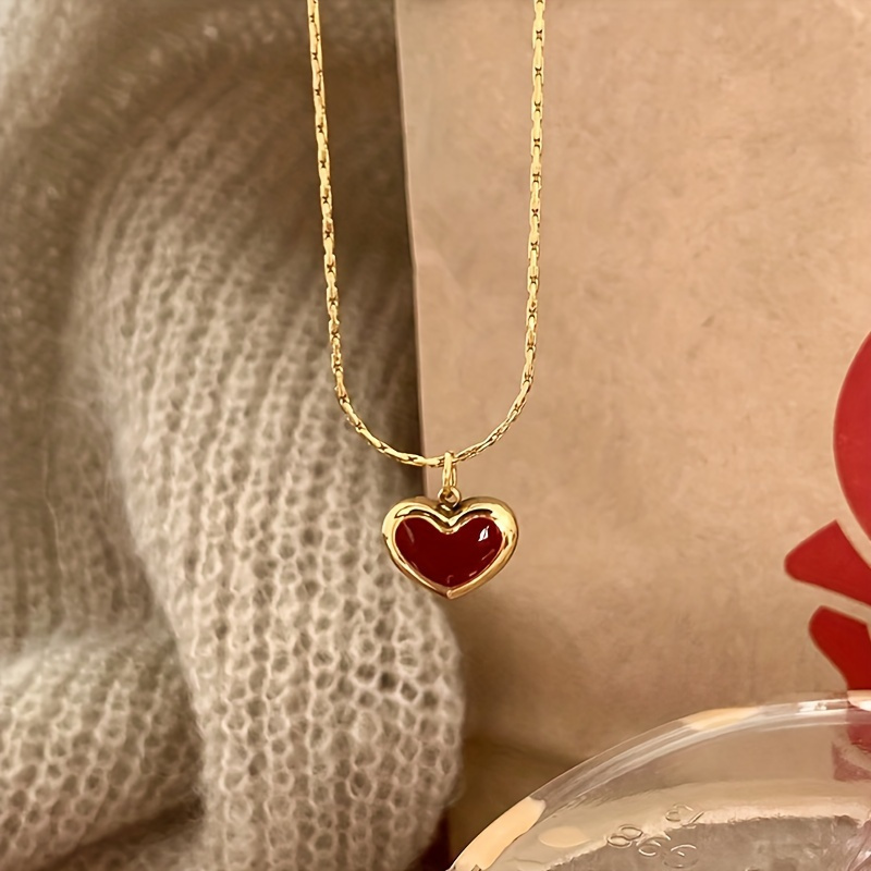 

Vintage Elegant Heart Pendant Necklace For Women, 18k Golden Plated Stainless Steel, Red Love Heart Charm, Daily Wear Jewelry, All-season Accessory - 1 Piece