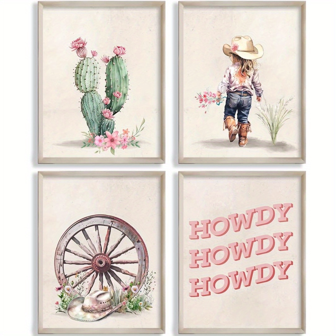 

Room Decor 4pcs Western Themed Wall Art Prints Set, Cowgirl & Cowboy Hat, Cactus & , Paper Material, Nursery & Room Decor (8x10inch )