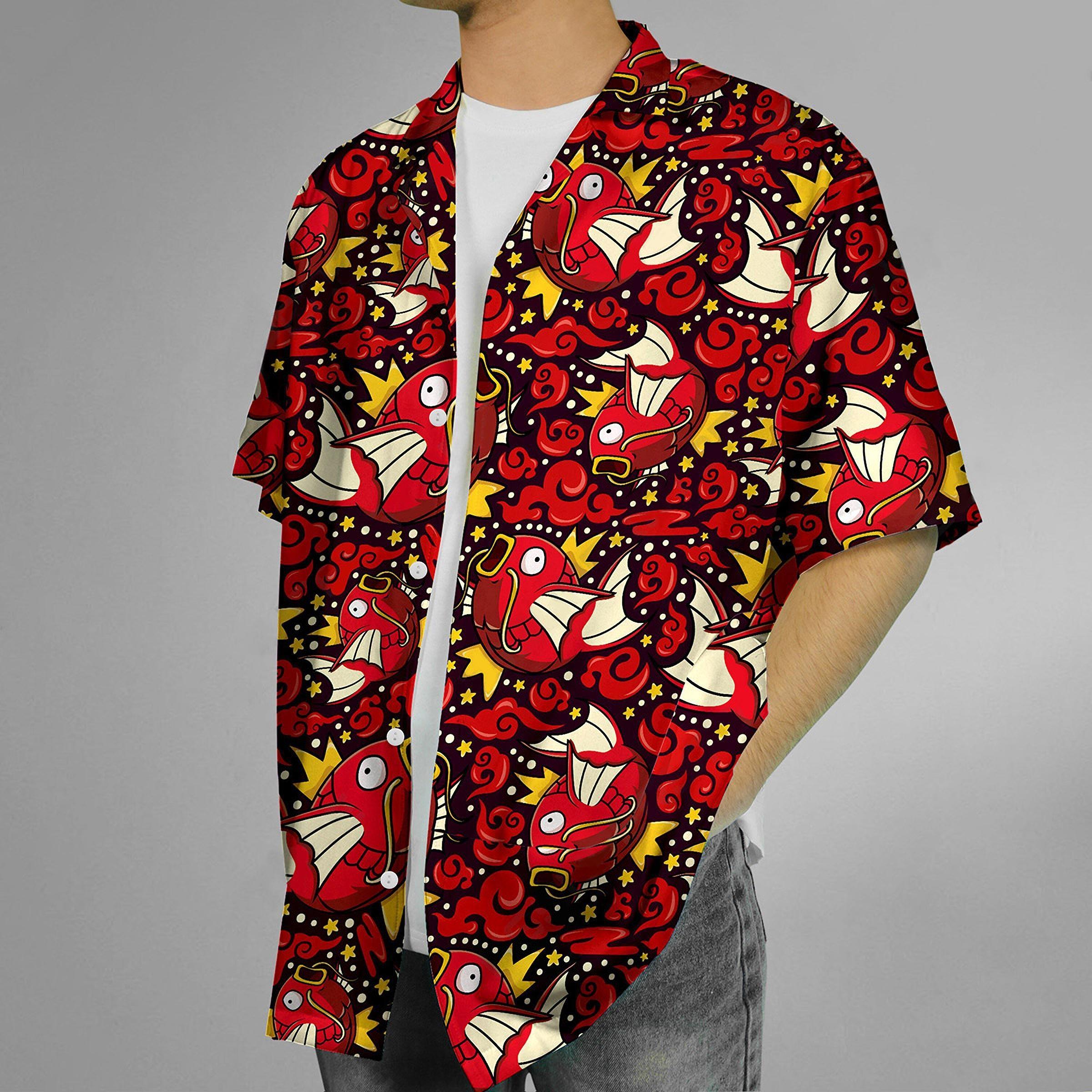 

Red Fish Print Men's Casual Short Sleeve Hawaiian Shirt With Chest Pocket, Men's Shirt For Summer Vacation Resort, Tops For Men