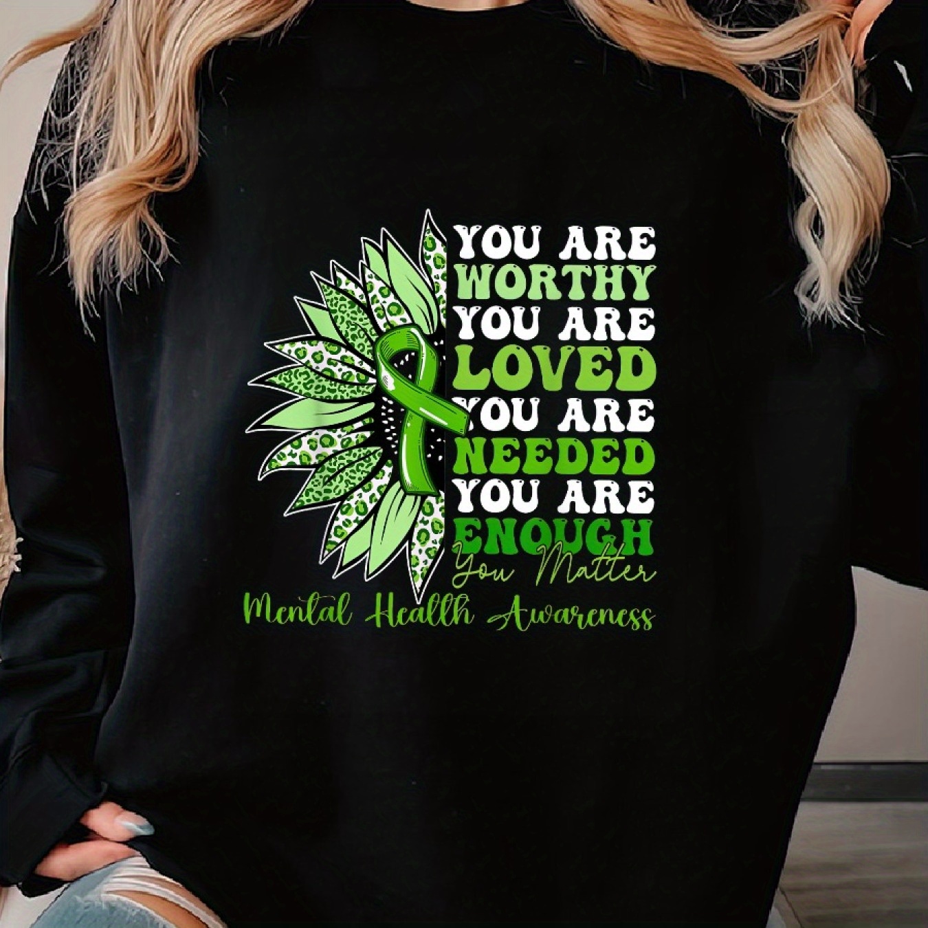 

Motivational Support Warrior Mental Health Awareness Woman's Cozy Pullover Sweater, Casual Long Sleeve Crew Neck Sweater For Sports