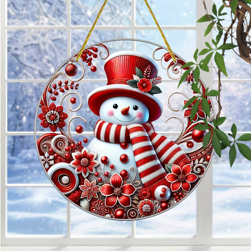 

A Snowman Round Acrylic Sun , Translucent Pendant With Red Hat, Decorative Hanging, Window, Wall Home Gift.