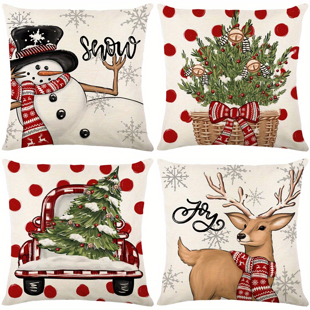 

4 Pack Christmas Decorations Christmas Pillow Covers 18 Inches Set Of 4 - Series Cushion Pillow Cover Zippered Square Pillowcase