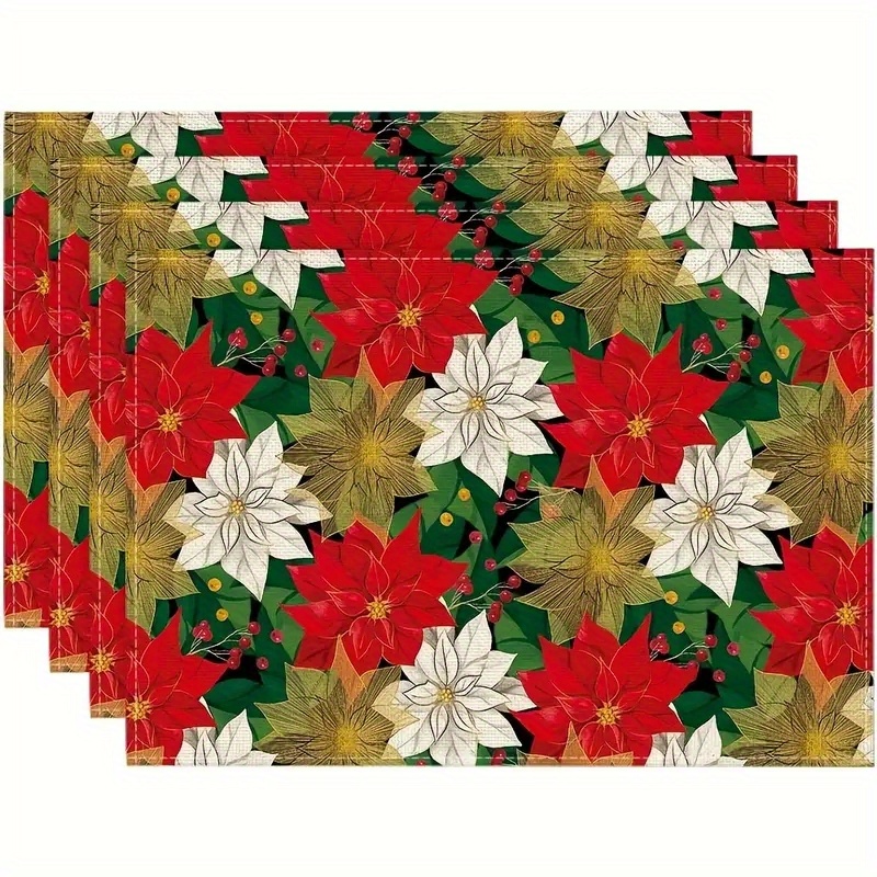 

4-pack Poinsettia & Holly Christmas Placemats, Polyester Table Mats, Rectangular, Machine Washable, For Home Kitchen & Dining Decor