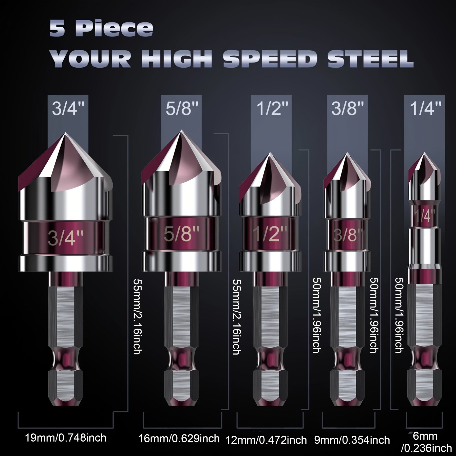 

5pcs Steel Countersink Bit Set, M35, 82° , Metal , No Needed, Ergonomic Hex Shank, Includes - Assorted (1/4", 3/8", 1/2", 5/8")