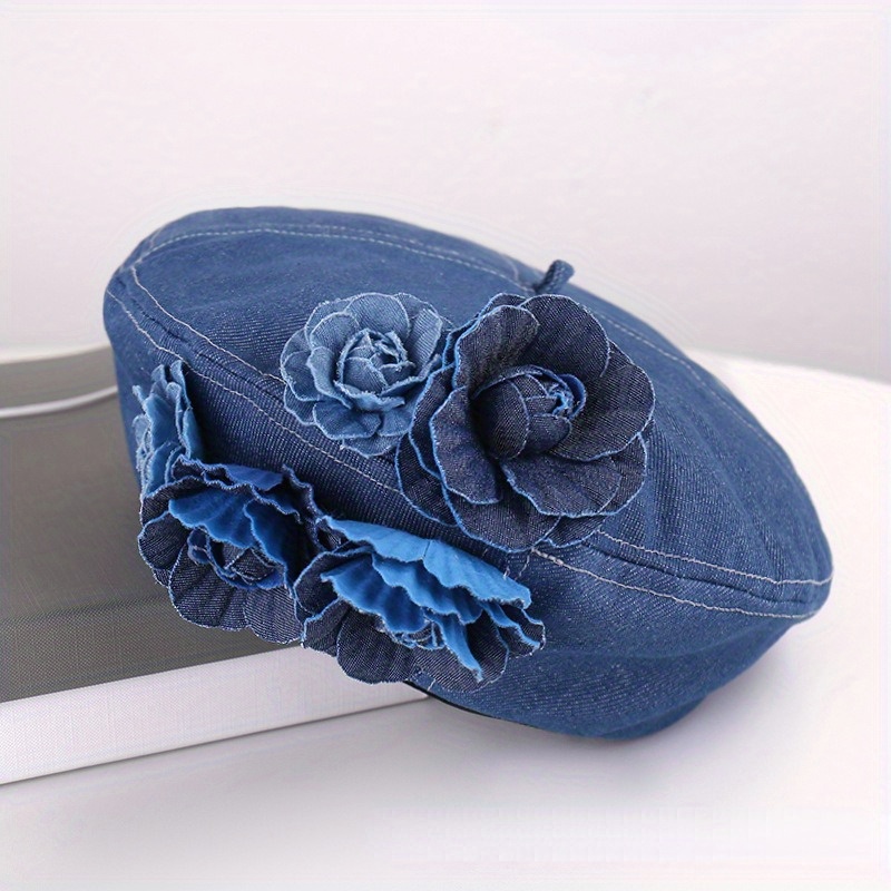 

Spring Autumn 3d Flower Denim Beret Hat Unisex Fashion Lightweight Cotton Painter Cap, Hand Washed, No Stretch,