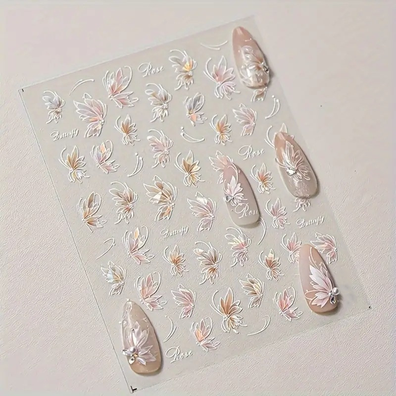 

5d Embossed Floral Nail Art Decals, Self-adhesive Rectangle Plastic Nail Embellishments With Cartoon Theme Flowers, Unscented Single-use Embroidery For Plastic