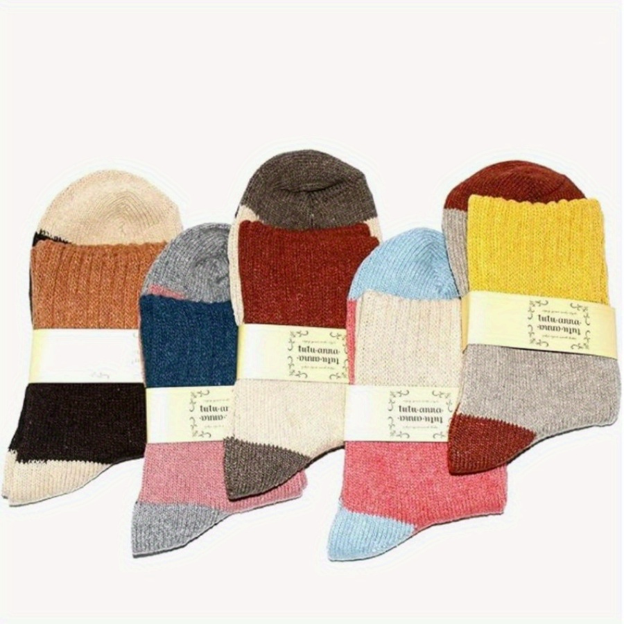 

5 Pairs Women's Cozy Wool Calf Socks - Thick Knitted Vintage Style, Ribbed Cuffs, Assorted Colors (beige, Brown, Red, Blue, Yellow, Pink, Gray), Perfect Christmas Gift For Cold , Cute Socks