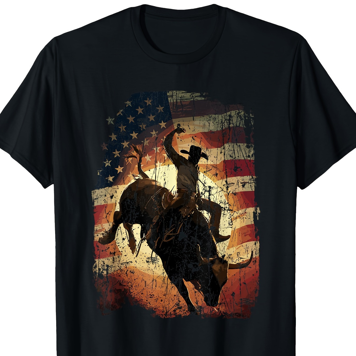 

Men's Patriotic Cowboy Riding Horse T-shirt - Soft, Breathable Cotton, Crew Neck, Short Sleeve - Ideal For Outdoor Activities, Casual Wear & American Holidays