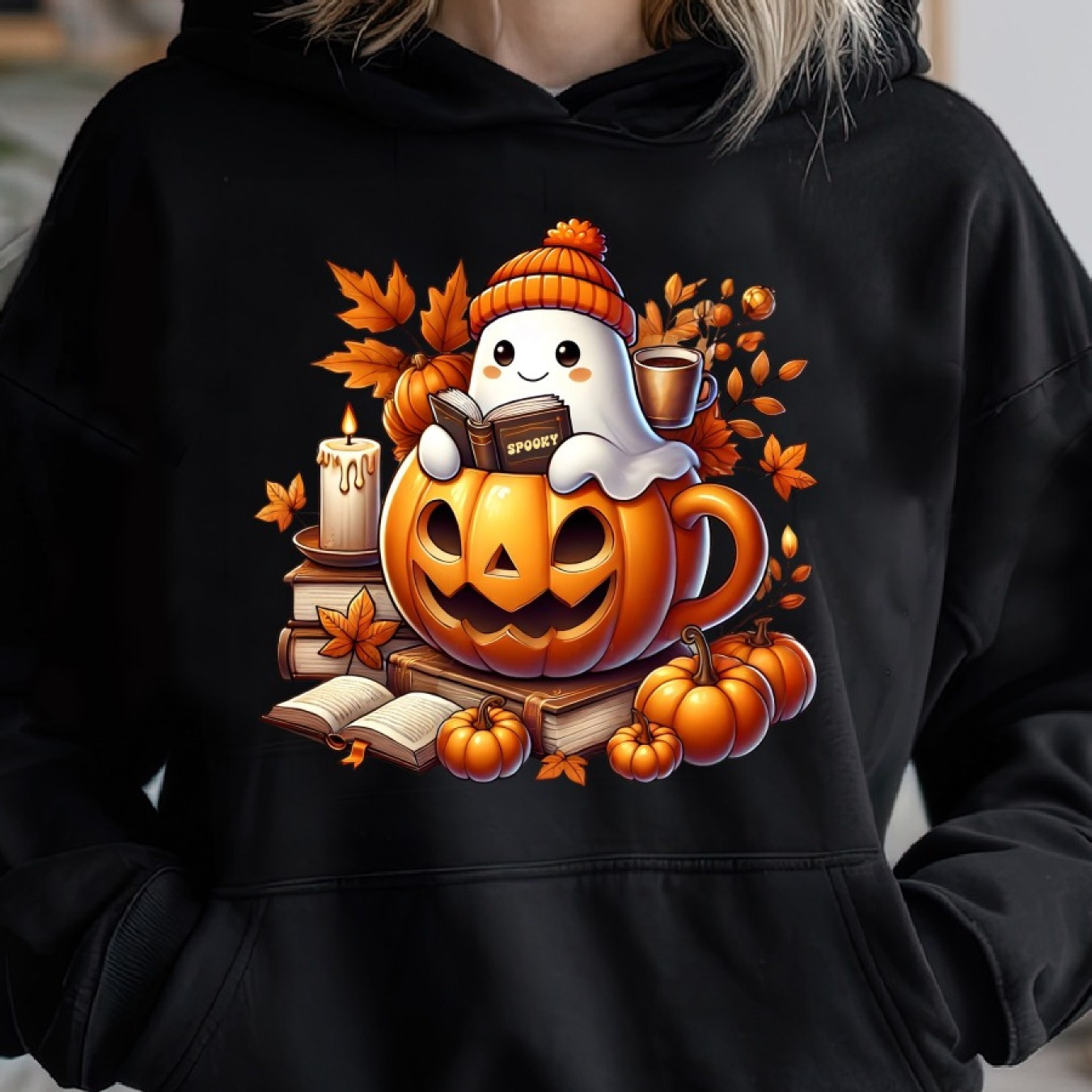 

Bookish Pumpkin, Reading Cozy Classic Print Pullover Hoodie, Casual Long Sleeve Hoodie For Sprots