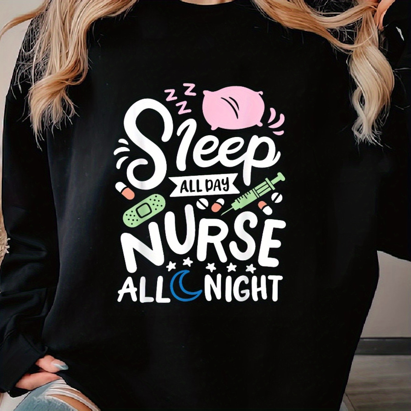 

Nurse Nurses Nursing School Rn Nurse Woman's Cozy Pullover Sweater, Casual Long Sleeve Crew Neck Sweater For Sports