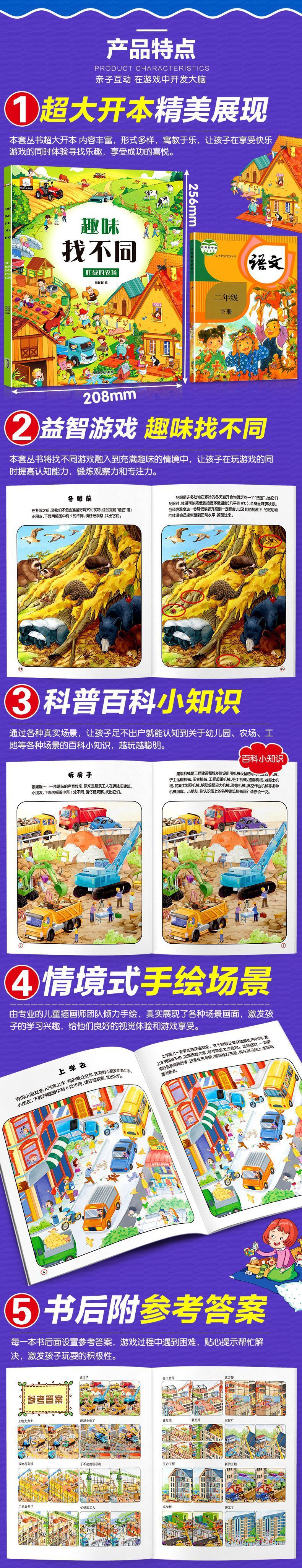 BOOKUU Find the Differences Fun Kindergarten 4-Volume Set - Simplified Chinese Puzzle Books for Kids, Educational Non-Set, Published by Guangdong Tourism Press, Ages 4+ [2020-04-01 Publication Date], Chinese Version