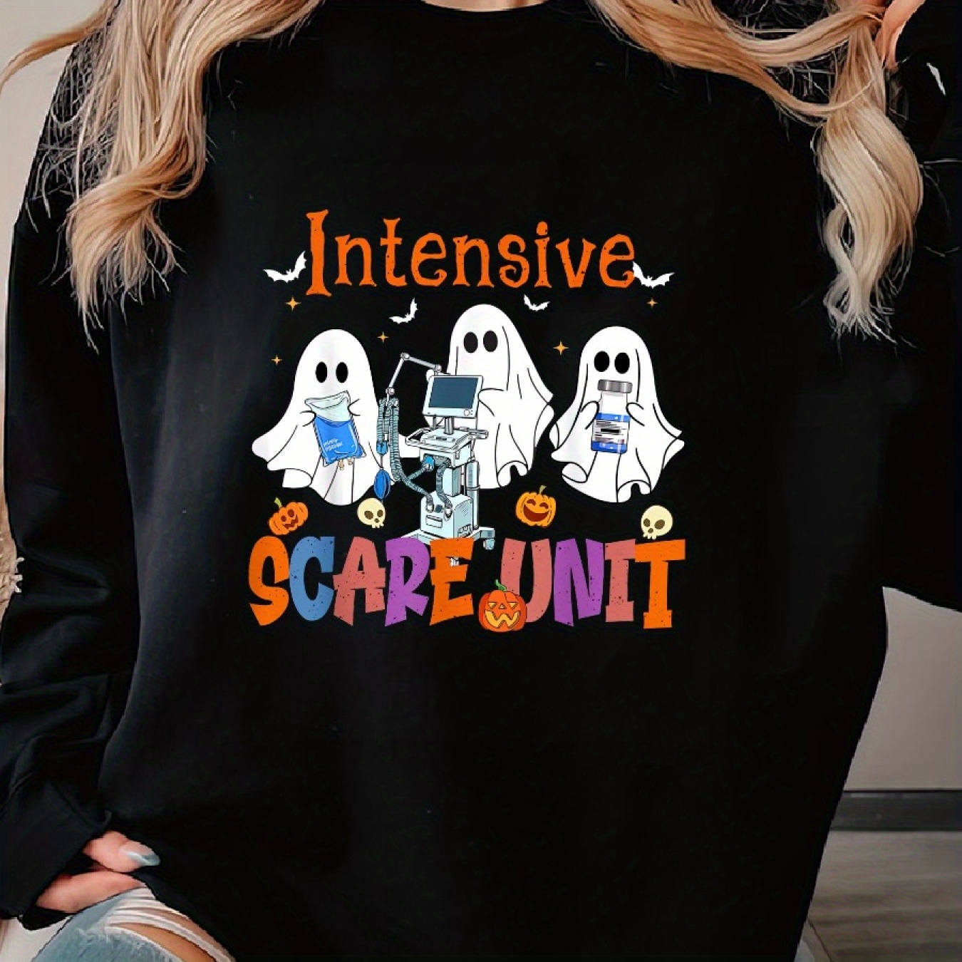 

Scare Nurse Icu Nursing Woman's Cozy Pullover Sweater, Casual Long Sleeve Crew Neck Sweater For Sports