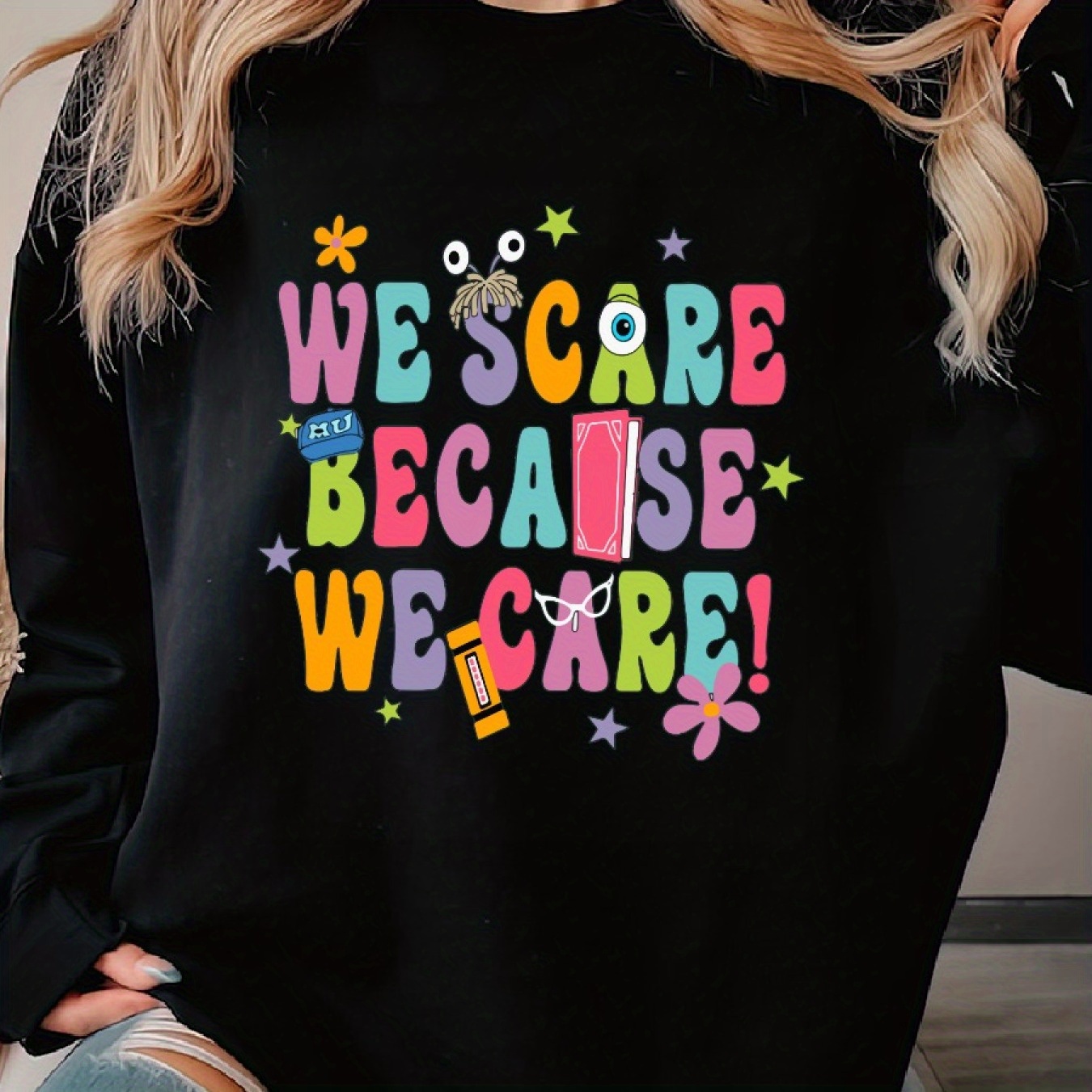 

We Scare , Two-sided T, Woman's Cozy Pullover Sweater, Casual Long Sleeve Crew Neck Sweater For Sports