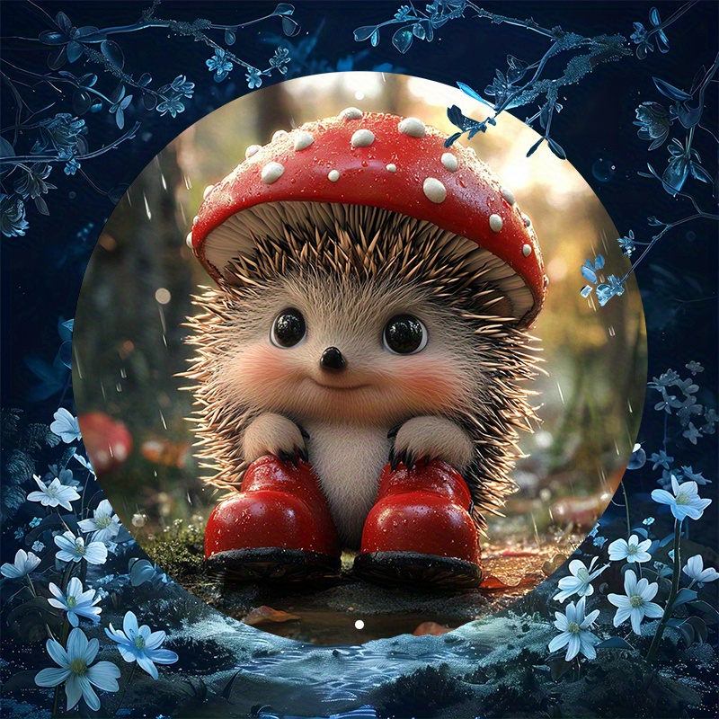 

1pc Hedgehog In Mushroom Cap Aluminum Metal Sign, 8x8inch Round Wall Art, Weather-resistant Outdoor Hedgehog Decorative Pendant For Home, Coffee Shop, Restaurant - Tt22124