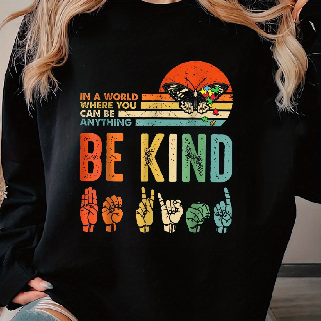 

In A World Where Anything Be Kind Autism Woman's Cozy Pullover Sweater, Casual Long Sleeve Crew Neck Sweater For Sports