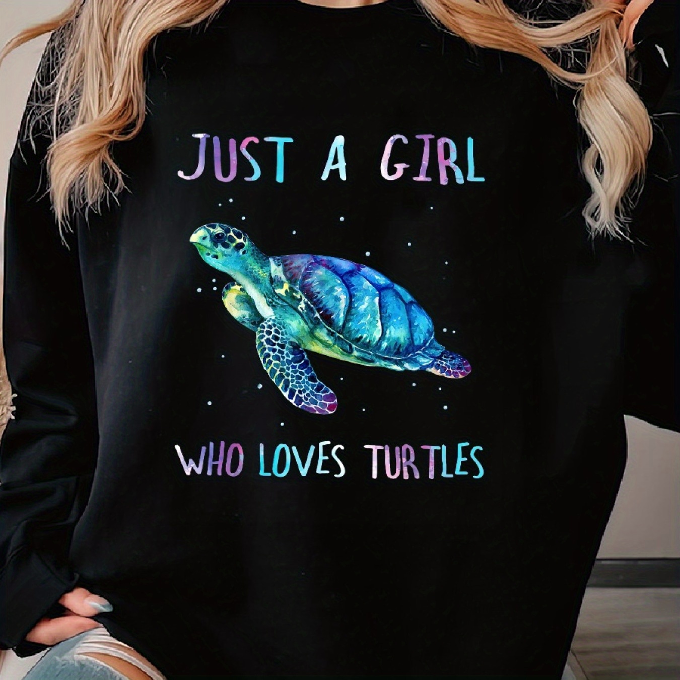 

Turtle Watercolor Sea Ocean Just A Girl Who Loves Turtles Woman's Cozy Classic Print Pullover Sweater, Casual Long Sleeve Crew Neck Sweater For Sports