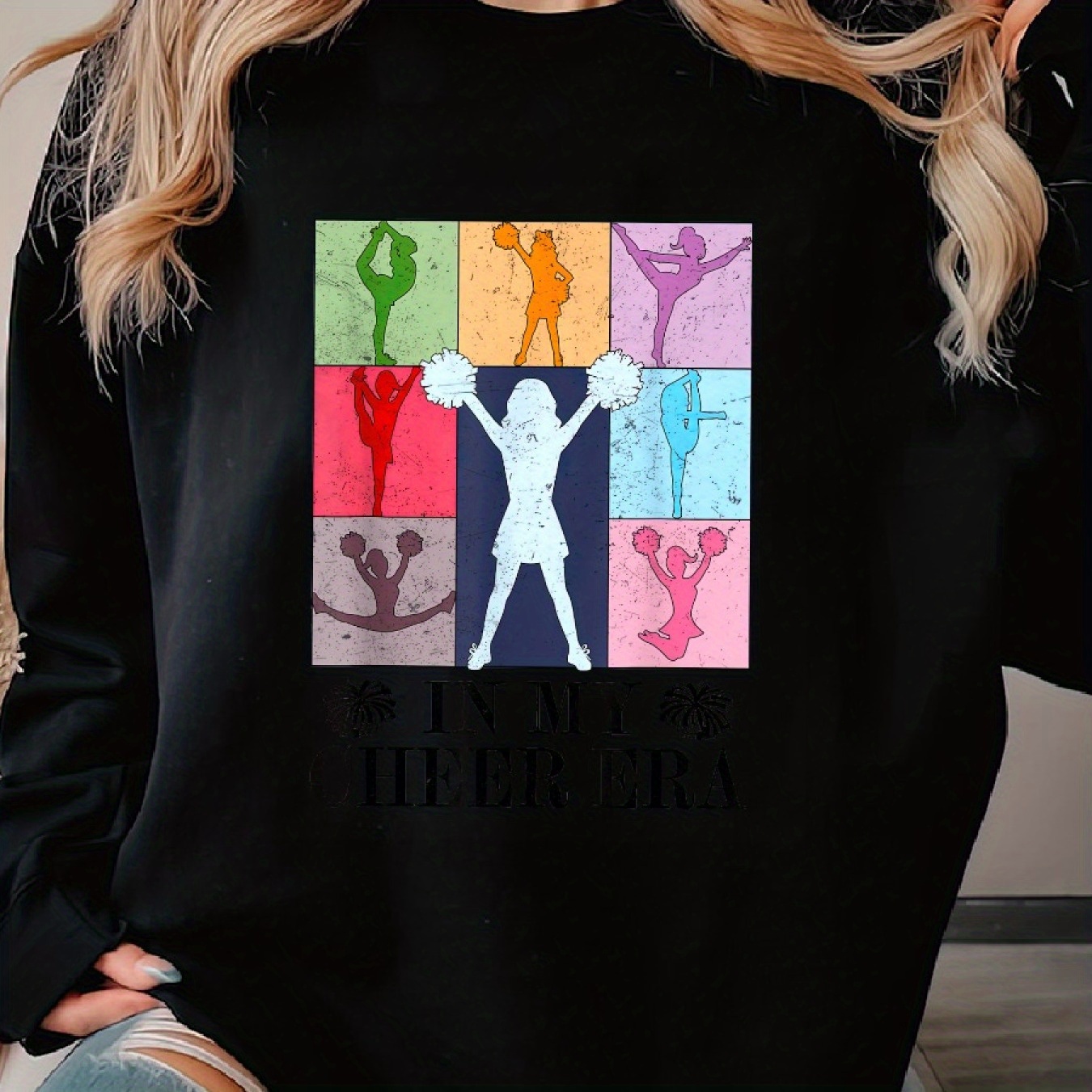 

In My Cheer Era Cheer Leader Cheerleading Woman's Cozy Classic Print Pullover Sweater, Casual Long Sleeve Crew Neck Sweater For Sports