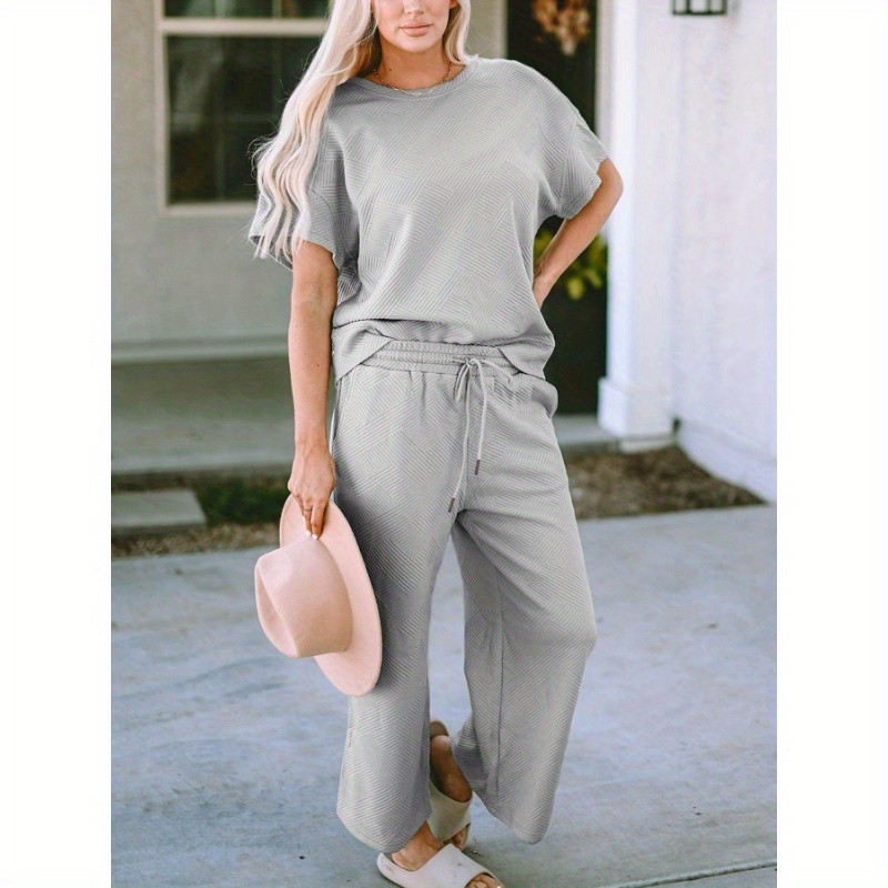 

Women's Casual Two-piece Loose Fit Solid Lounge Set Short Sleeve Crew Neck Wide-leg Drawstring Waist Pants Comfortable And Lightweight Spring/ Summer Travel Casual Wear