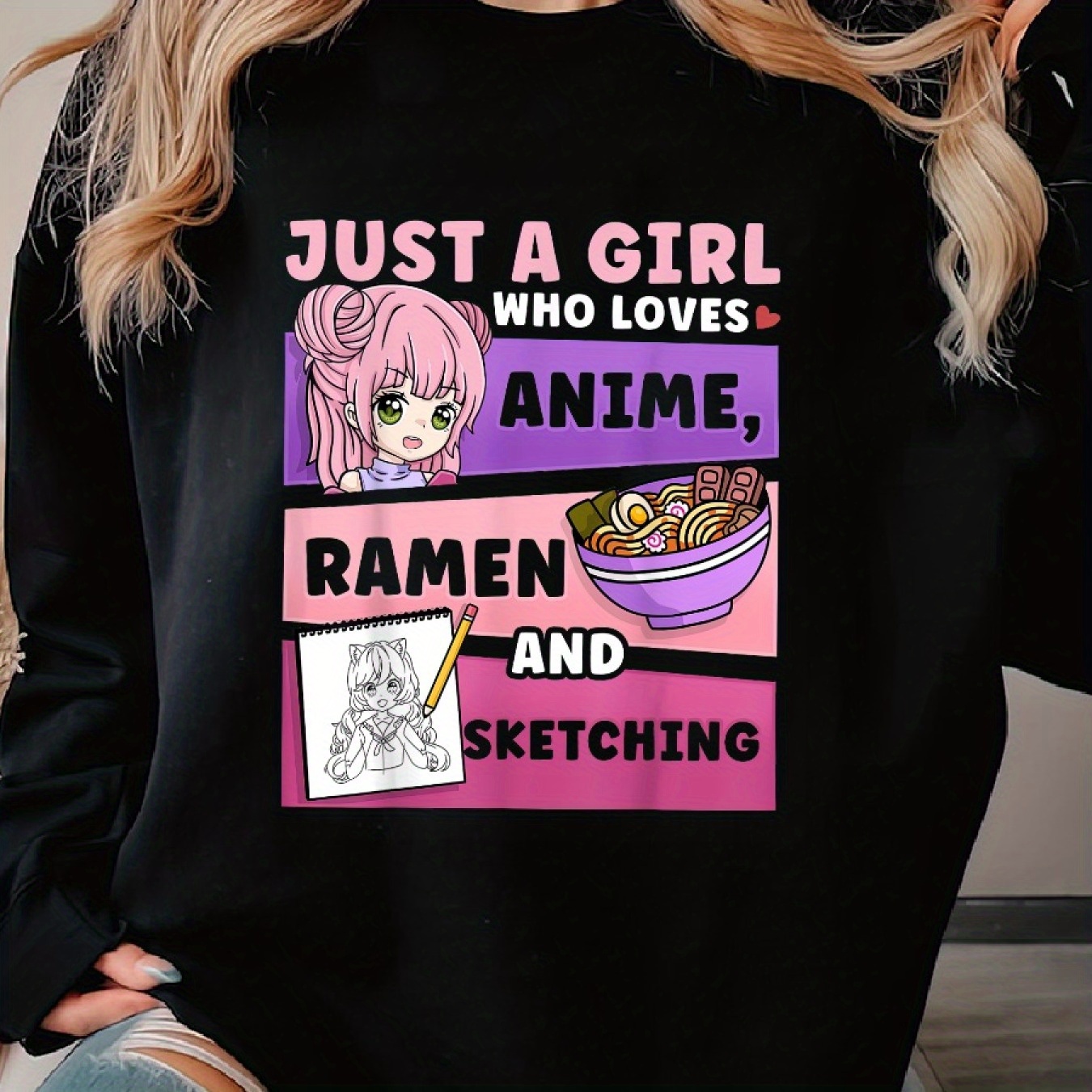 

Anime Just A Girl Who Loves Anime Ramen And Sketching Woman's Cozy Classic Print Pullover Sweater, Casual Long Sleeve Crew Neck Sweater For Sports