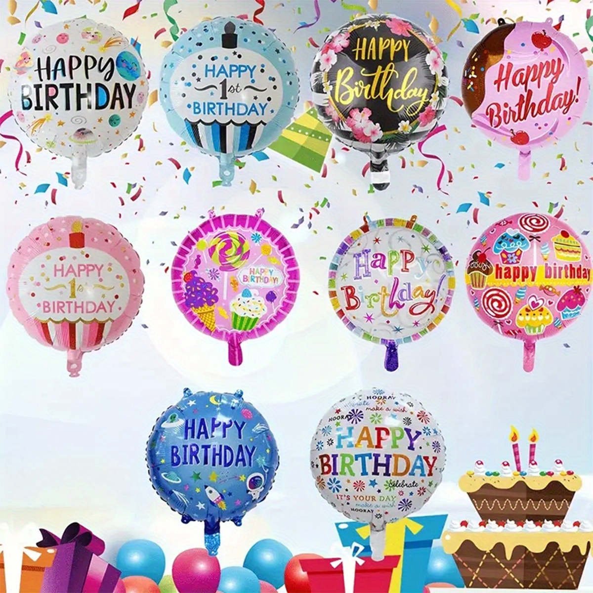 

Happy Birthday Aluminum Foil Balloons - 10 Pack Mixed Designs, 18" Helium Quality, Reusable For Birthday & Summer Parties - Suitable For Ages 14+