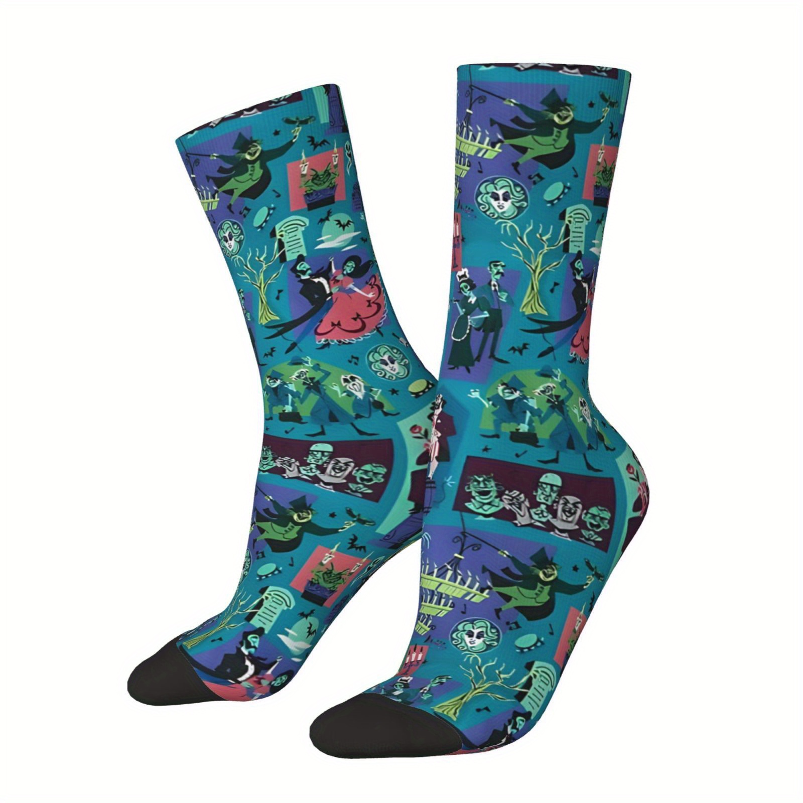 

1 Pair Men's Haunted Mansion Crew Footwear, Knit Fabric Polyester With Elastane, Hand Washable, Quirky Hip Hop Novelty Seamless - Gift Ready