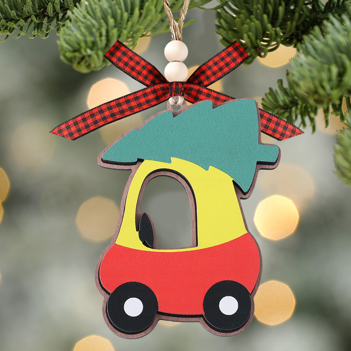 

1pc Classic Car With Tree Wooden Christmas Ornament - No Feathers, Electricity-free, 2-layer Festive Home Decor Hanging Pendant