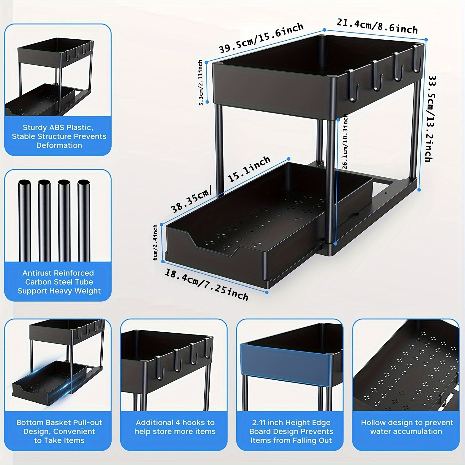 

1pc Space-saving 2-tier Under Sink Organizer With Sliding Drawer - Abs Plastic, Carbon Steel Tubes For Support, Ideal For Kitchen & Bathroom Storage, Black, 15.16" W X 8.07" D