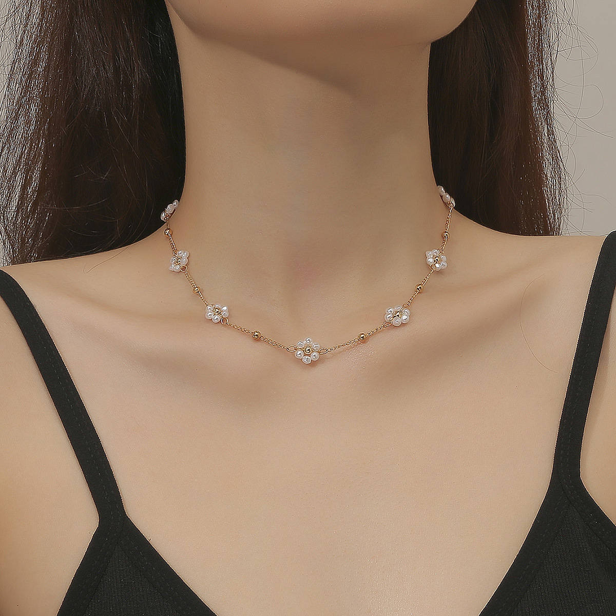 TEMU 1pc Girl Temperament Handmade Flower Pearl Clavicle Necklace