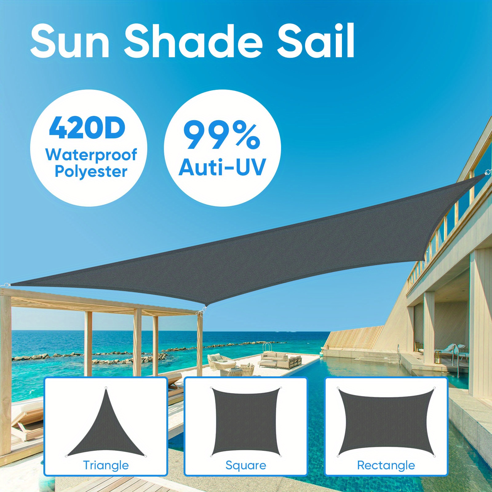 

420d Sun Sail Waterproof Sun Protection Wind Protection Uv Protection Sun Shade Sun Shading Balcony Rectangular