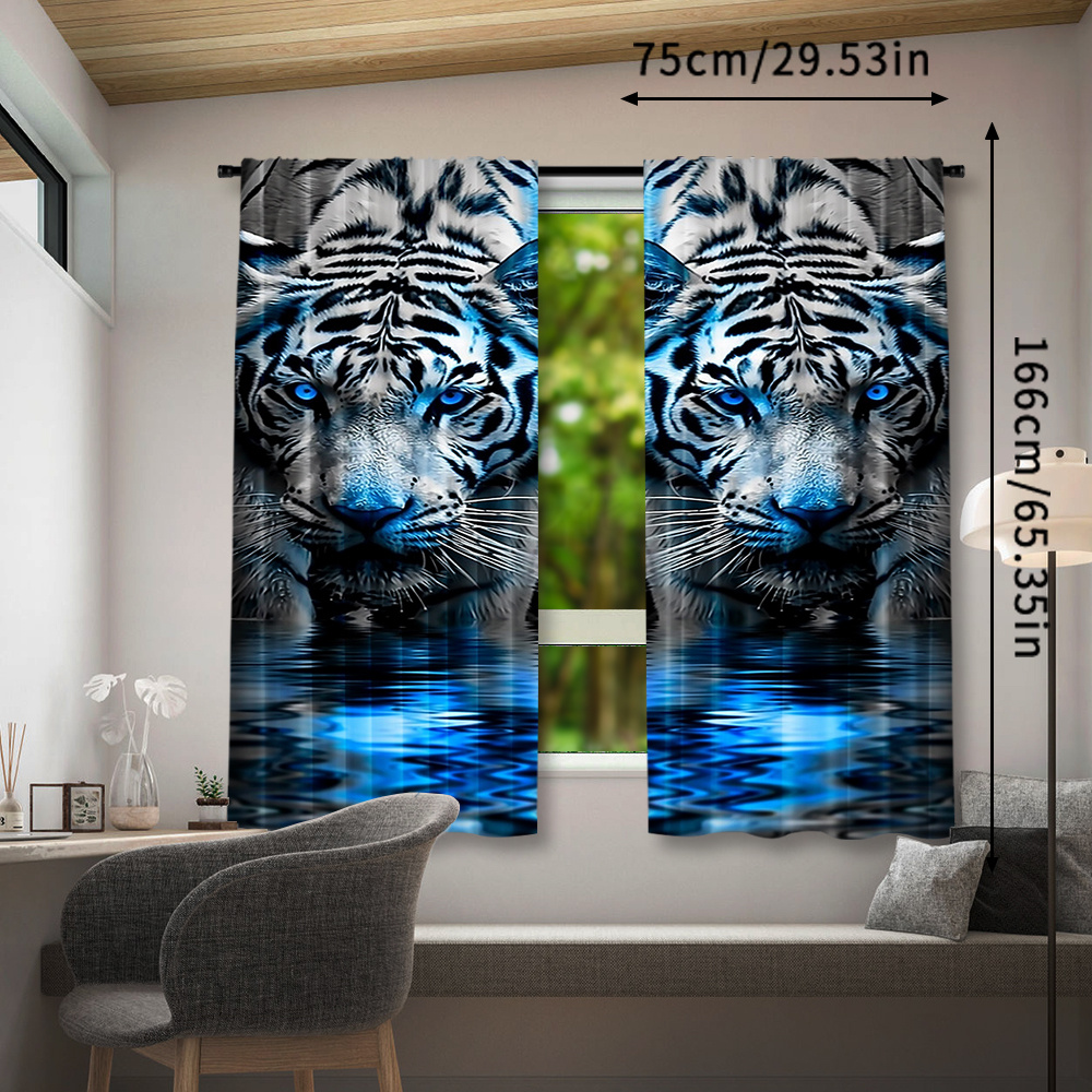 TEMU 2pcs, Tigers Flower Curtain For Home Decor, Rod Pocket Window Treatment, For Bedroom, Office, Kitchen, Living Room, And Study