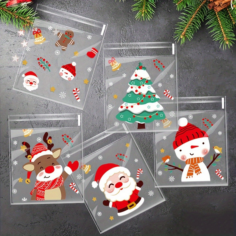 

100pcs Christmas Bags - Self-sealing, Disposable Opp Candy & Cookie Pouches With Cartoon Designs For Holiday Gifting