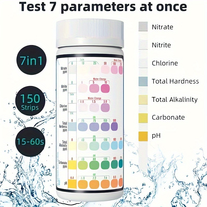 

Kit de test d'eau d'aquarium 150 , de en 1 pour nitrate, nitrite, chlore, pH, alcalinité totale, carbonatée, rapide de la qualité