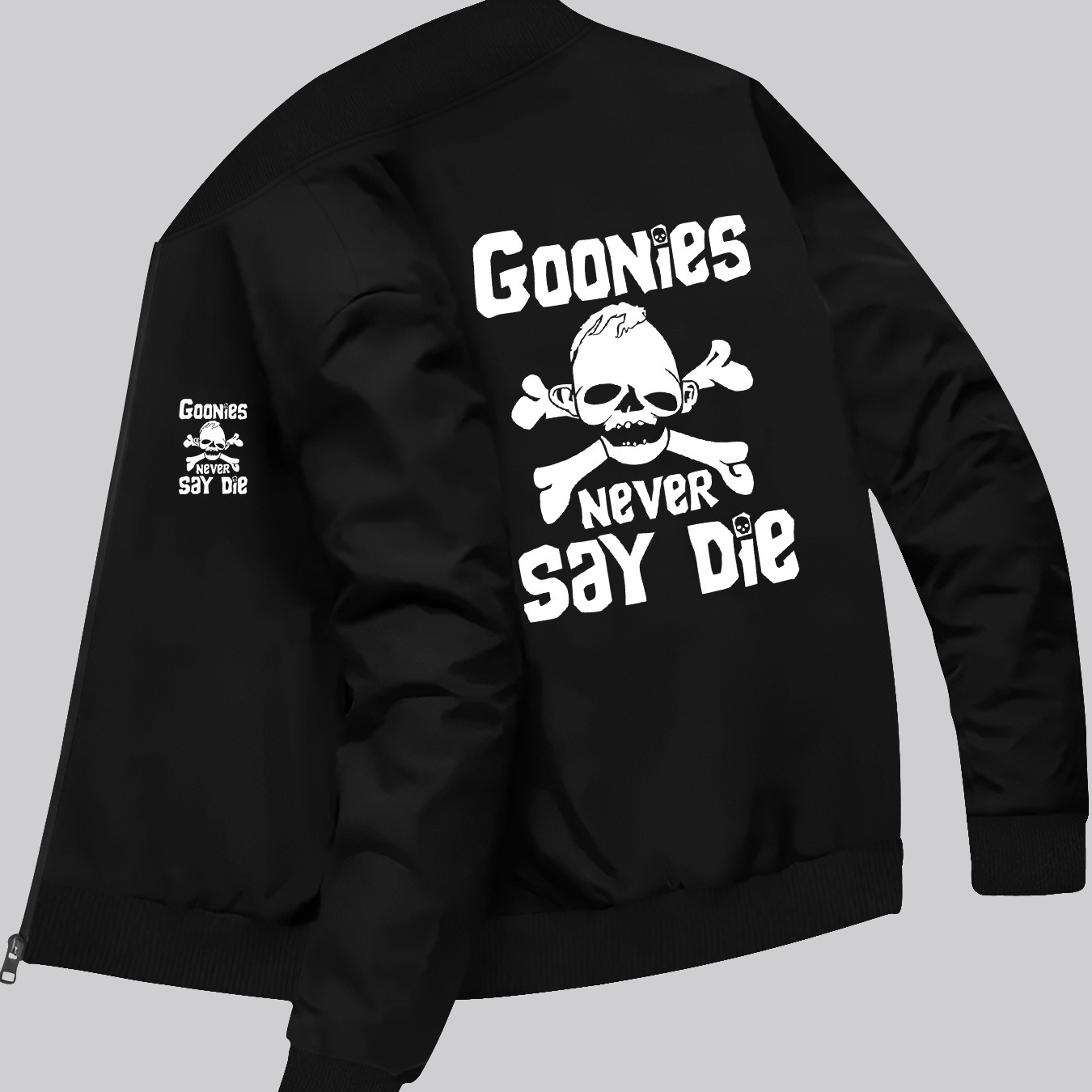 

Men's Casual College Style Jacket - Knitted Fabric, Machine Washable, Goonies Say Die Printed Design, Stand Collar