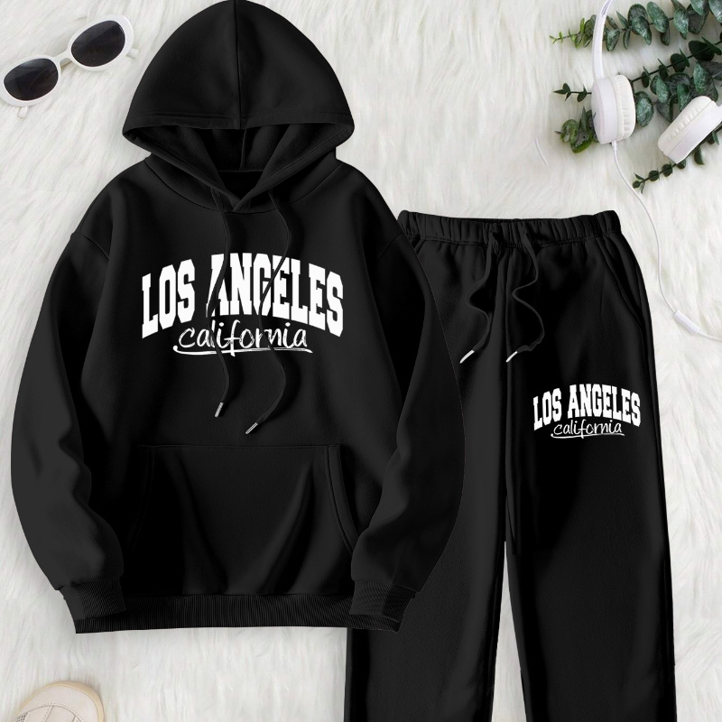 

Los Angeles California Print Hooded Sweatshirt & Joggers Set - 100% Polyester Knit Fabric With Pockets, Stretch Workout Sets For Women Fall/winter Season