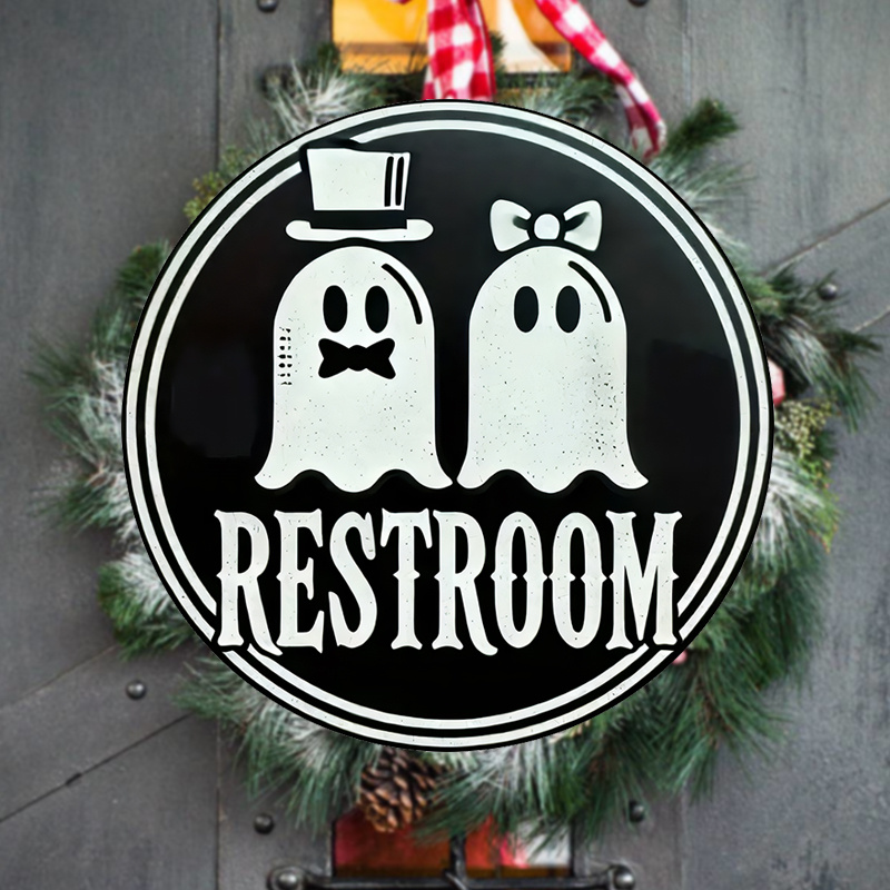 

Couple Restroom Sign - Wooden Hanging Wall Decor For Bathroom Doors - Festive Spooky Season Ornament With Attachment - Ideal For Holiday Decoration