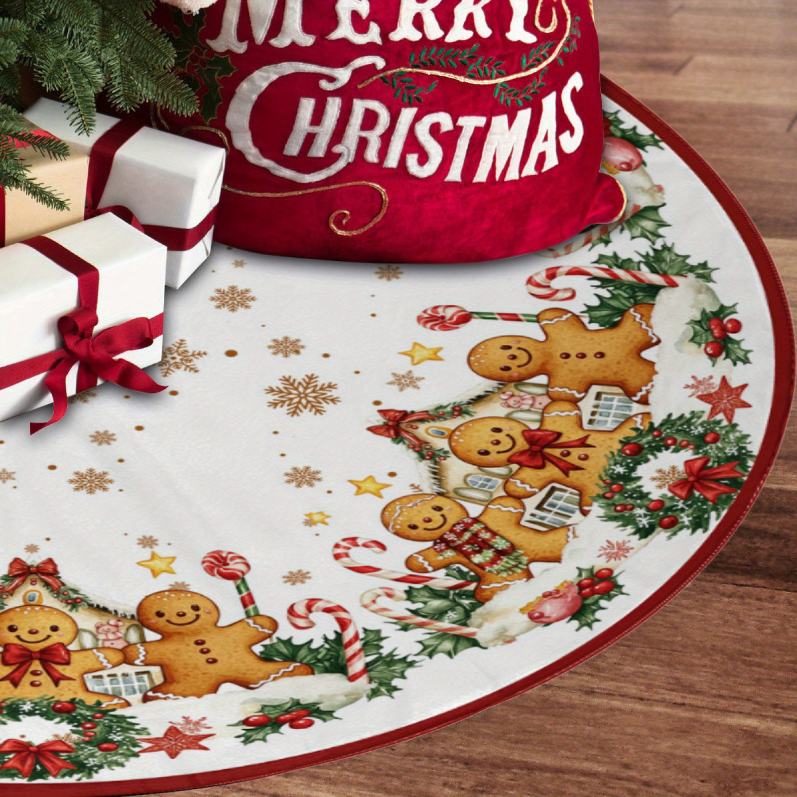 

1pc, Christmas Tree Skirt Christmas Gingerbread Man House Christmas Tree Decoration Farmhouse Winter Decoration Ornaments Party Christmas Decoration