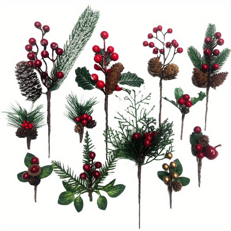 Image of 12pcs Festive Christmas Picks Set - Assorted & Faux Pine Stems With Pinecones For Holiday Decor, Floral Arrangements & Crafts, Mini, Spray