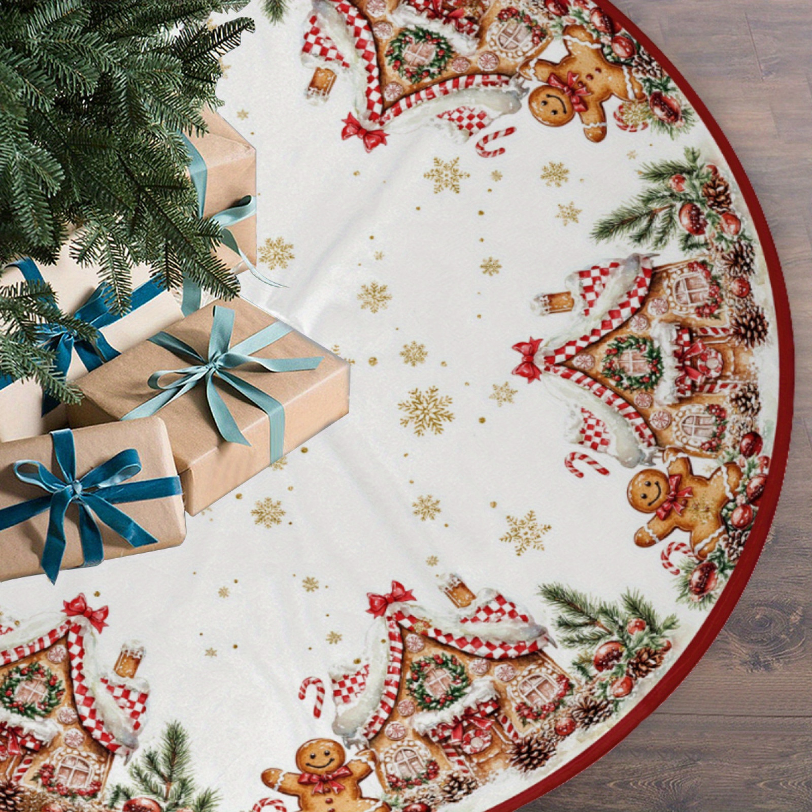 

Christmas Tree Skirt Set Of 1 - Holiday Polyester Tree Mat With Gingerbread & Snowflake Design For Christmas Decorations And Party Accessory