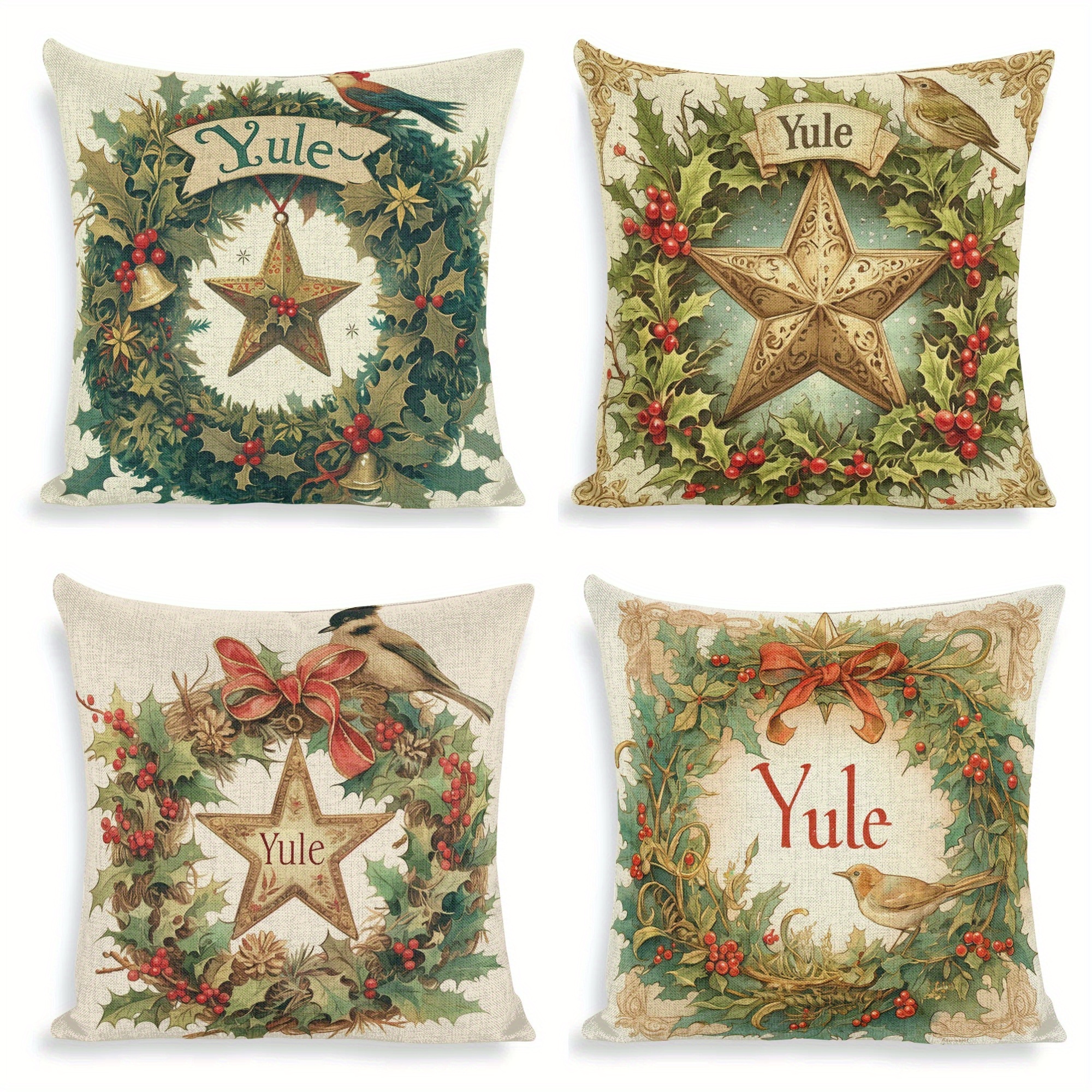 

4-piece Yule Wreath And Red Berry Decorative Throw Cushion Covers 18x18 Inch, Hand Washable Zippered Polyester Square Cases For Sofa, Chair, Bed, Living Room, Office - Country Rustic Style, Woven