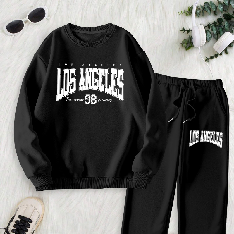 

Lounge Luxury, Los Angeles-inspired Women's Casual Sweatshirt & Joggers Set - Cozy Knit Polyester, Machine Washable, Crew Neck Pullover With Drawstring Waist Pants, Fall/winter Collection