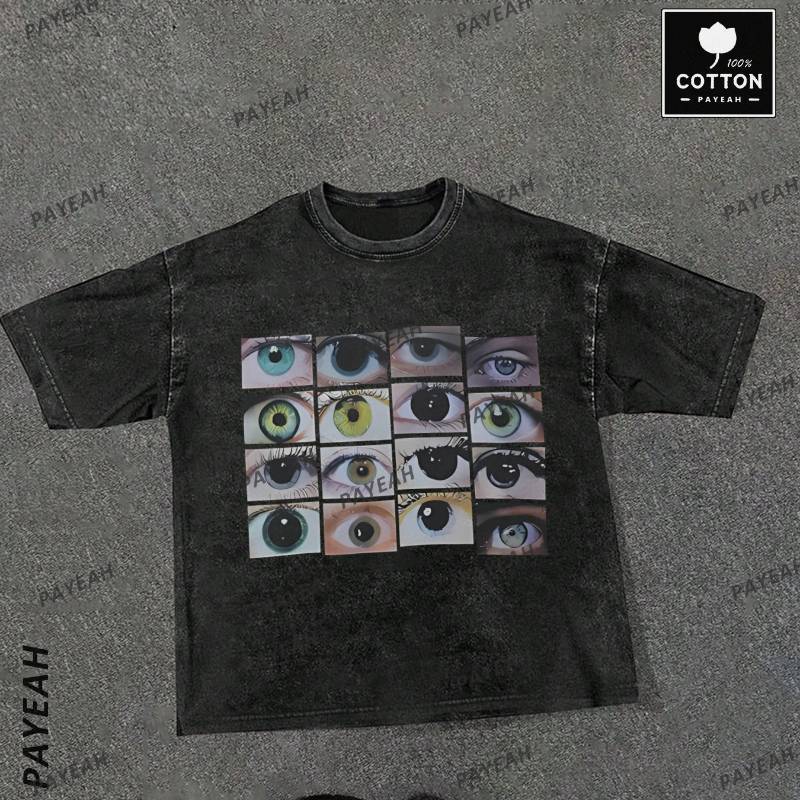 

Men Hip Hop T Shirt Eyes World Graphic Harajuku T-shirt 100% Cotton Vintage Washed T-shirt