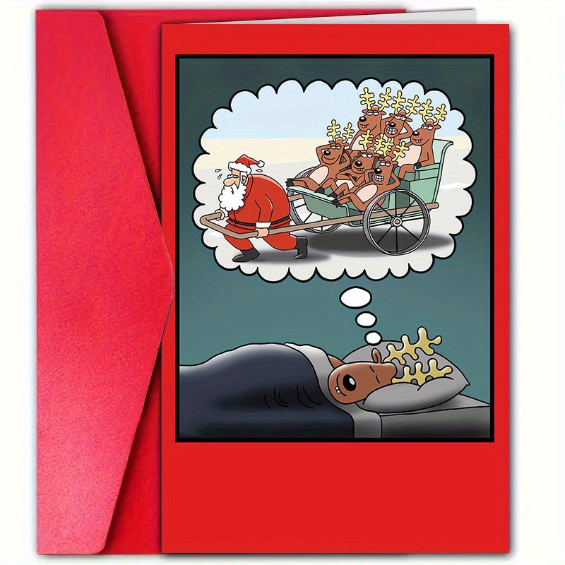 

Humorous Christmas Greeting Card, Paper, 1pc With Envelope, Funny Santa And Pets Dream Thought Bubble, Universal Holiday Wishes For Family, Friends, Loved Ones - Ideal For Anyone, Festive Cheer