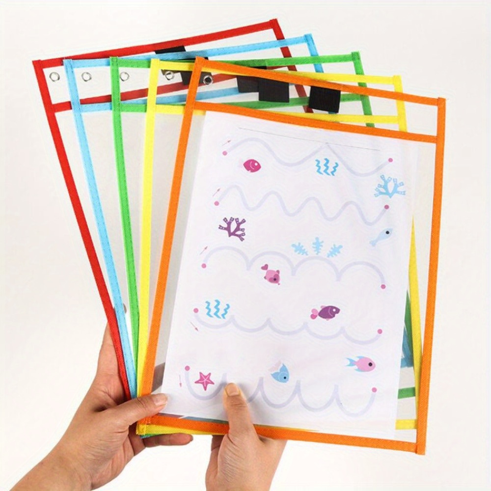 

6-pack Reusable Dry Erase Pockets, Pet Material, Transparent Sheet Protectors With Binder Rings For Classrooms And Art Storage