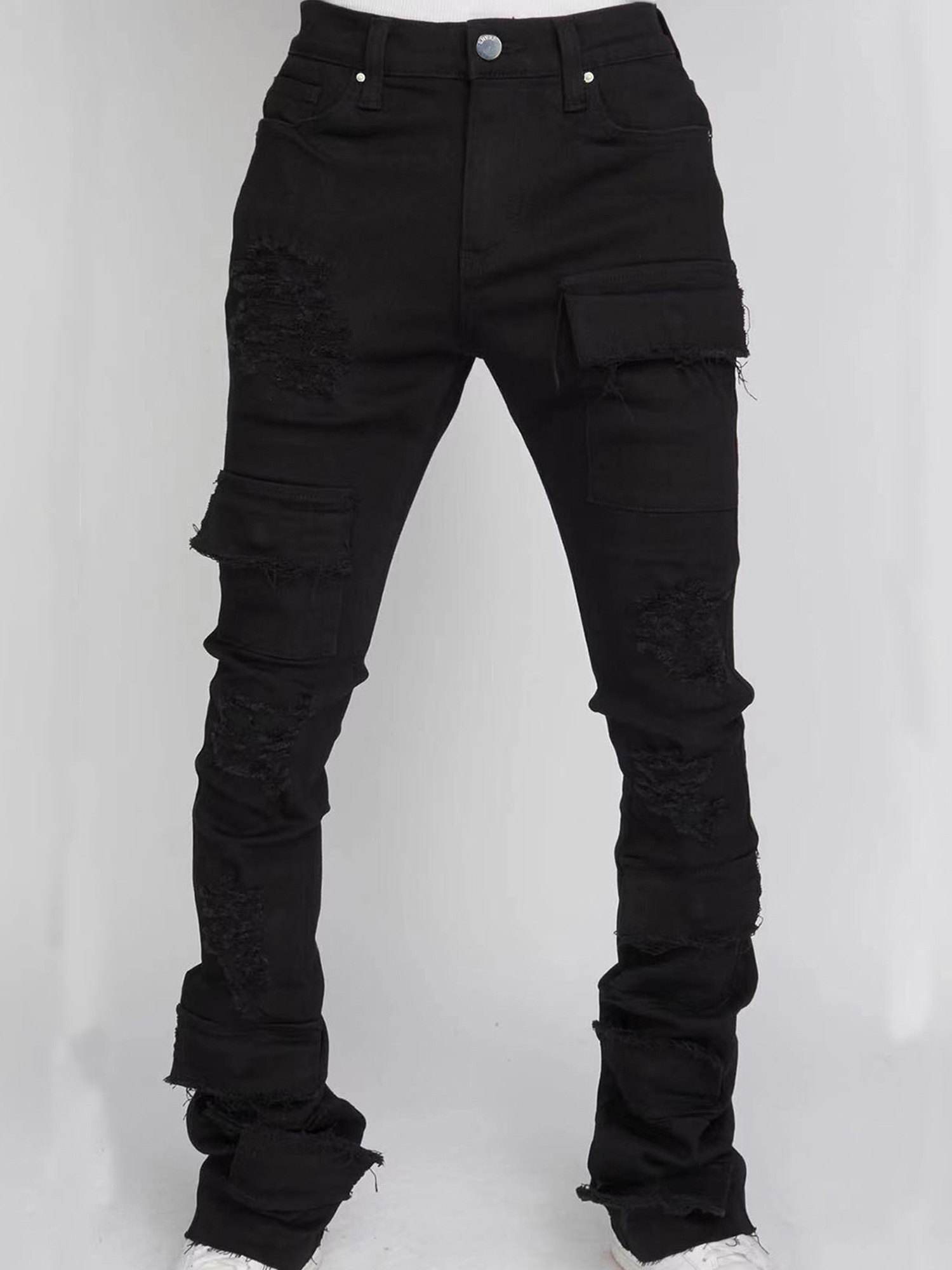 ◆BADBLOOD◆ Bonnie Denim Cargo Slim Jeans Black w-dnm23-016 CLOUT COLLECTION ™️ | Barb Wire Embroidered Wide-Leg Black