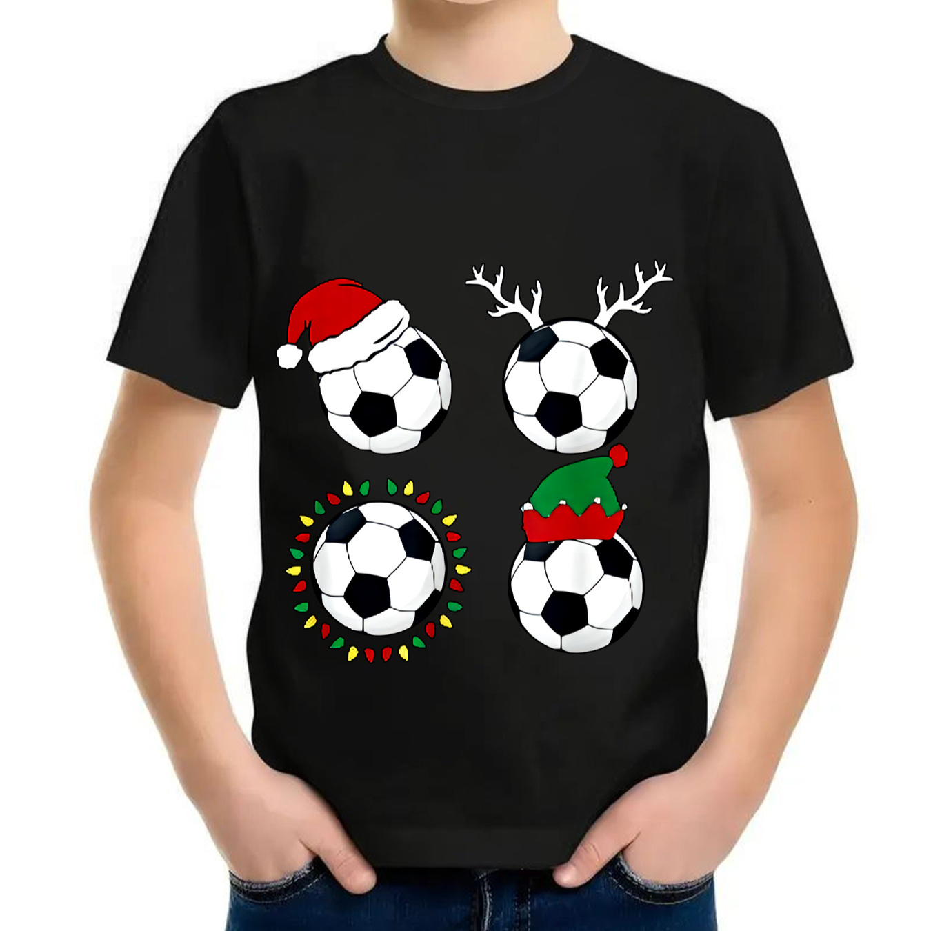 

Kids Christmas Soccer Ball Print T-shirt - Polycotton Crew Neck Short Sleeve Tee For Boys And Girls - Casual Regular Fit Top For Spring/summer/fall, Ages 12 & Under - Knit Fabric With Slight Stretch