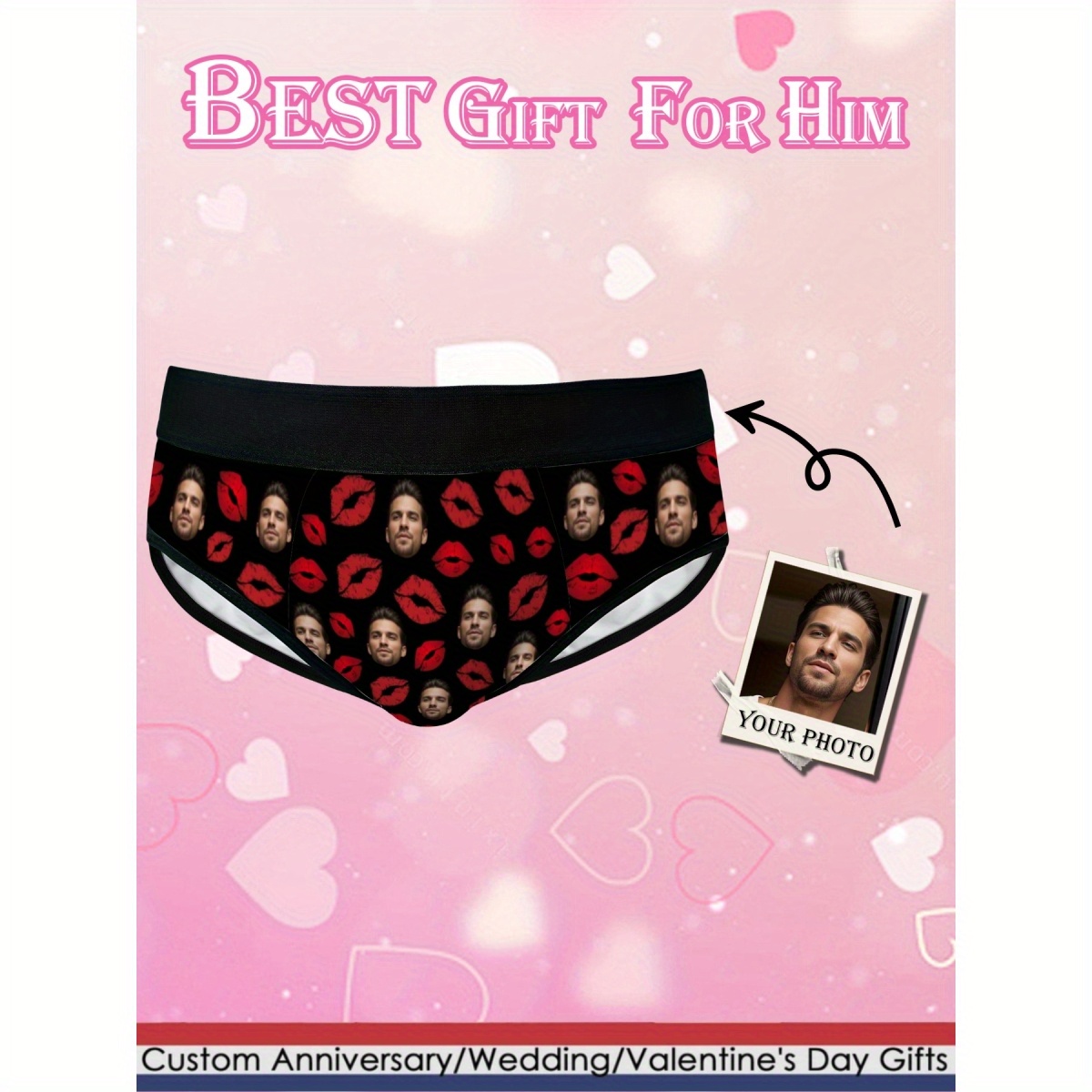 

Red Lip & Customized Personalized Photo Pattern Men's Underwear, Casual Briefs As Holiday Valentines Gifs For Husband Boyfriend