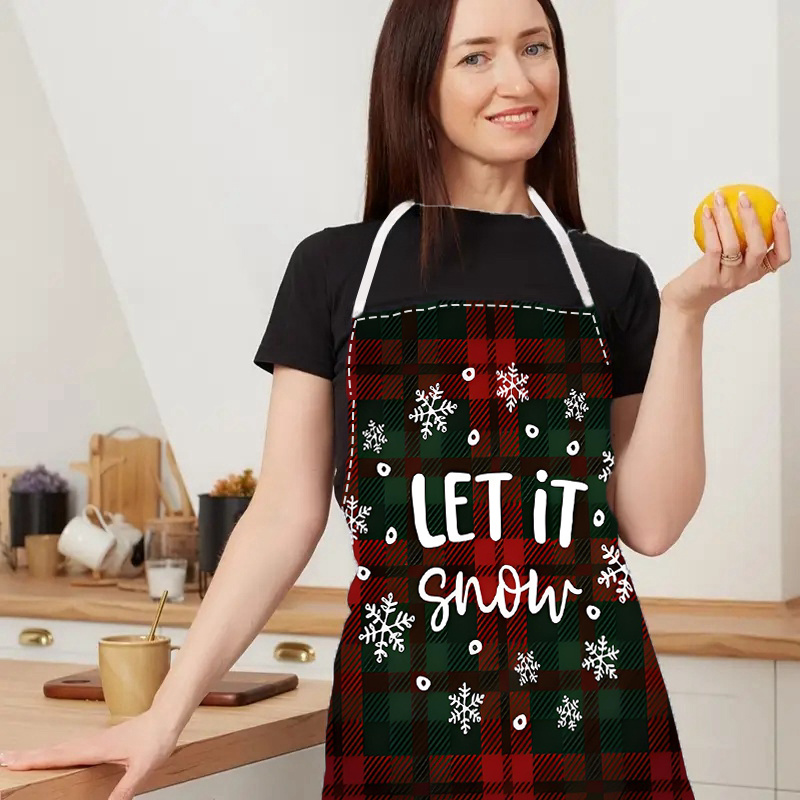 

Christmas Themed Plaid Snowflake Print Apron - Unisex Kitchen Work Bib, Durable, Washable, Reusable Polyester Chef Apron For Cooking, Baking, Home Cleaning - Holiday Let It Snow Kitchenwear