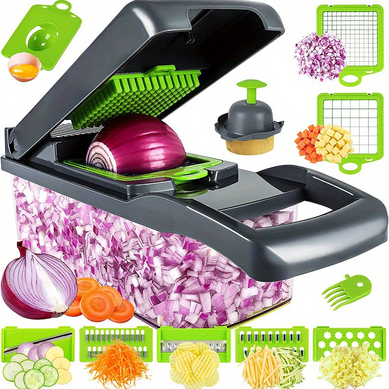 16 in 1 multifunctional manual vegetable chopper and fruit slicer set with container   onions carrots garlic more   abs plastic kitchen gadget with drain basket details 0